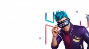 Image showing a character with blue hair holding sports equipment, promoting sports betting options at Gizbo with a futuristic look.